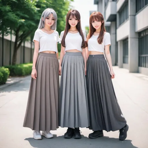 Prompt: Anime girls wearing maxi long pleated grey skirts.