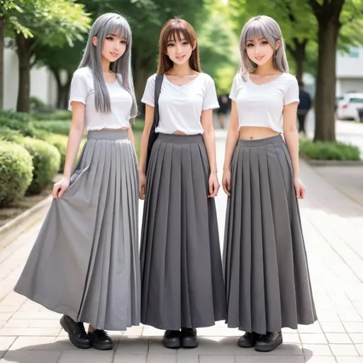 Prompt: Anime girls wearing maxi long pleated grey skirts.