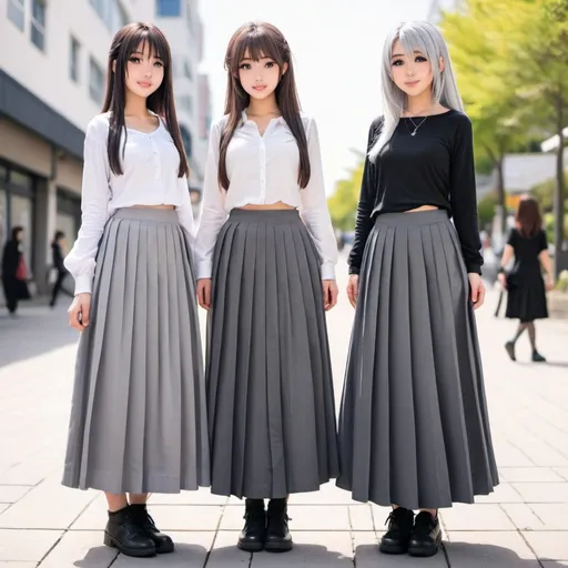 Prompt: Anime girls wearing maxi long pleated grey skirts.