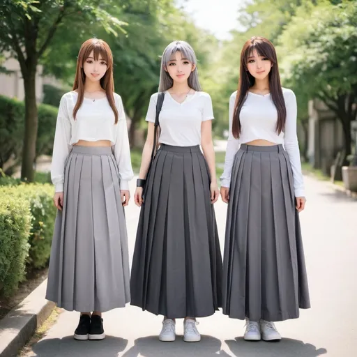 Prompt: Anime girls wearing maxi long pleated grey skirts.