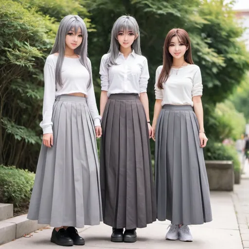 Prompt: Anime girls wearing maxi long pleated grey skirts.