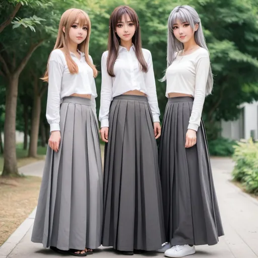 Prompt: Anime girls wearing maxi long pleated grey skirts.