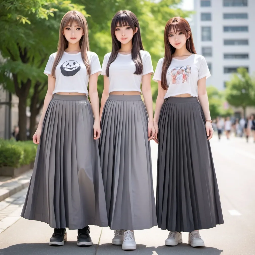 Prompt: Anime girls wearing maxi pleated grey skirts.