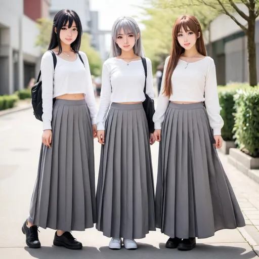 Prompt: Anime girls wearing maxi long pleated grey skirts.