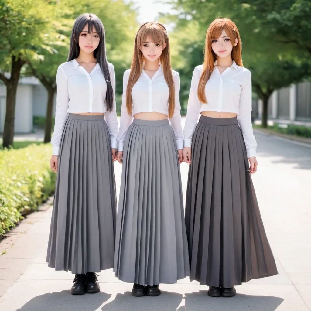 Prompt: Anime girls wearing maxi long pleated grey skirts.