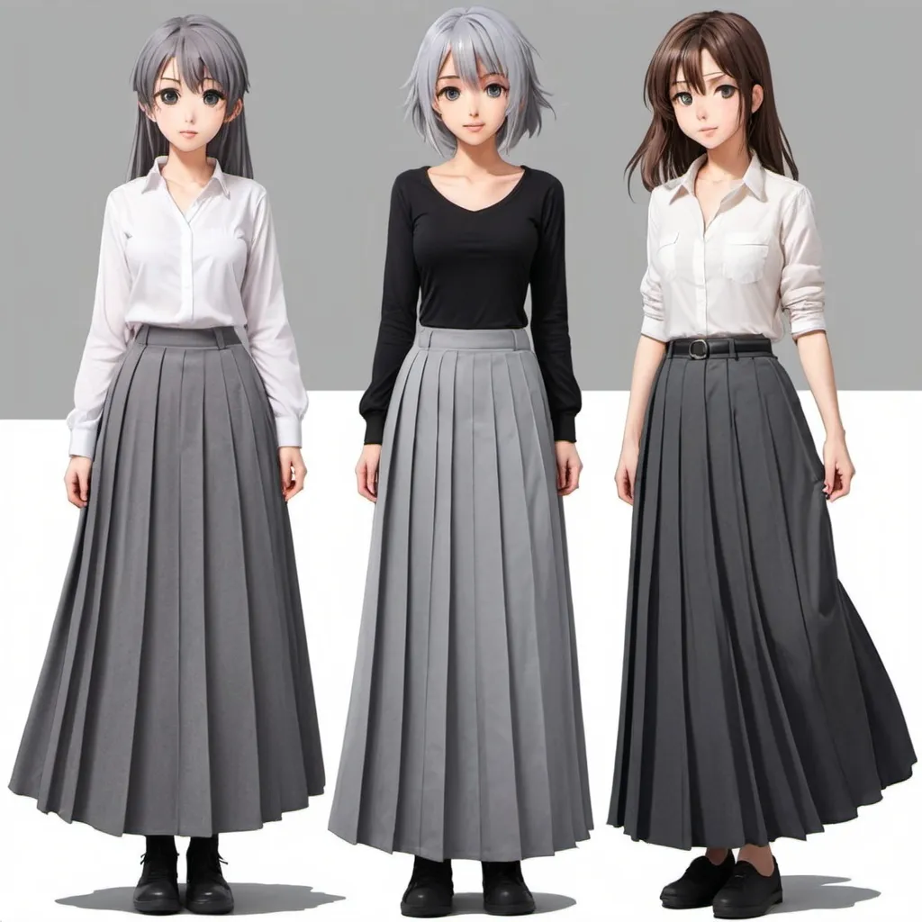 Prompt: Anime girls wearing maxi long pleated grey skirts.