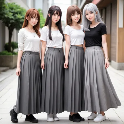 Prompt: Anime girls wearing maxi long pleated grey skirts.