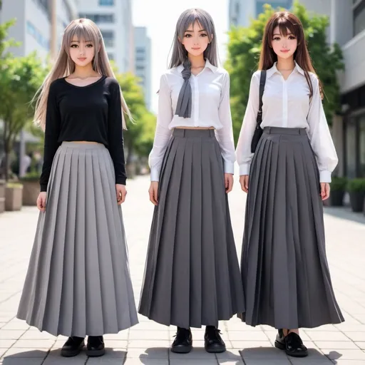 Prompt: Anime girls wearing maxi pleated grey skirts.