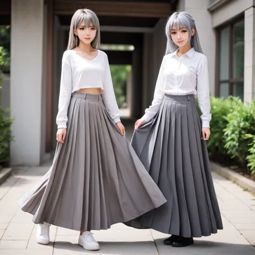 Prompt: Anime girls wearing maxi long pleated grey skirts.