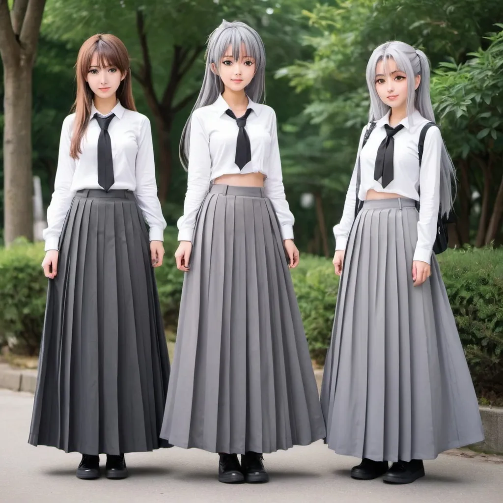 Prompt: Anime girls wearing maxi long pleated grey skirts.