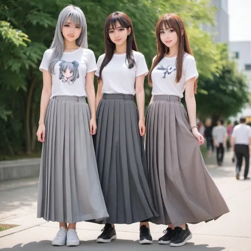 Prompt: Anime girls wearing maxi long pleated grey skirts.