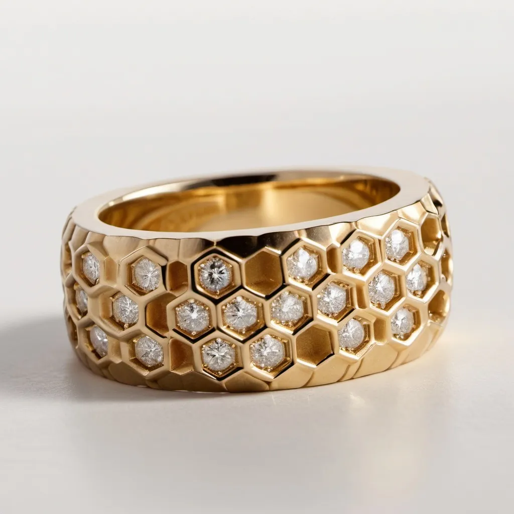 Prompt: The image features a yellow gold mens ring with a honeycomb pattern on its band, set with multiple white round diamonds that catch the light. The ring is placed against a neutral background, possibly a piece of paper or fabric, which reflects some of the light and gives a subtle texture to the surface beneath it. The design of the ring suggests a blend of elegance and intricate craftsmanship.