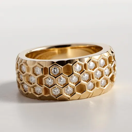 Prompt: The image features a yellow gold mens ring with a honeycomb pattern on its band, set with multiple white round diamonds that catch the light. The ring is placed against a neutral background, possibly a piece of paper or fabric, which reflects some of the light and gives a subtle texture to the surface beneath it. The design of the ring suggests a blend of elegance and intricate craftsmanship.