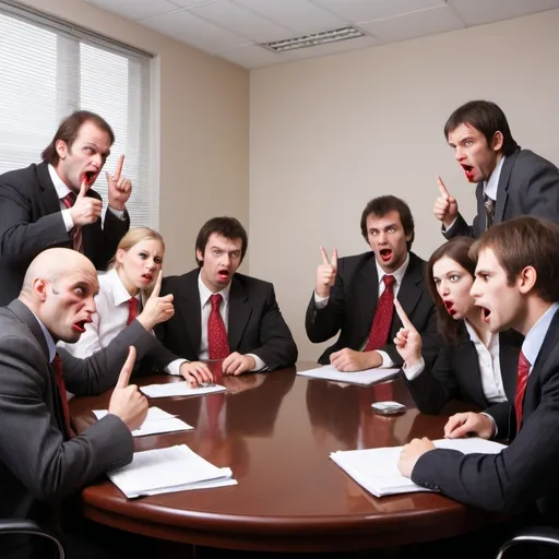 Prompt: 12 really bloody ugly people giving each other the middle finger in a business meeting, with varying degrees of animosity and intensity, as well as wavering levels of spit.