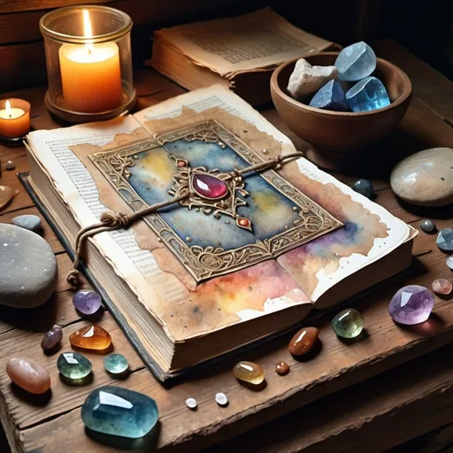 Prompt: (watercolor painting), (magical codex), old medieval book, dirt-covered, titled "Gemmae Arcanae", resting on a rustic wooden table, faded pages, intricate illustrations of magical stones, enchanting vibe, warm and muted colors, captivating atmosphere, detailed textures, ultra-detailed, soft lighting, artful composition, historical charm, rich storytelling elements.