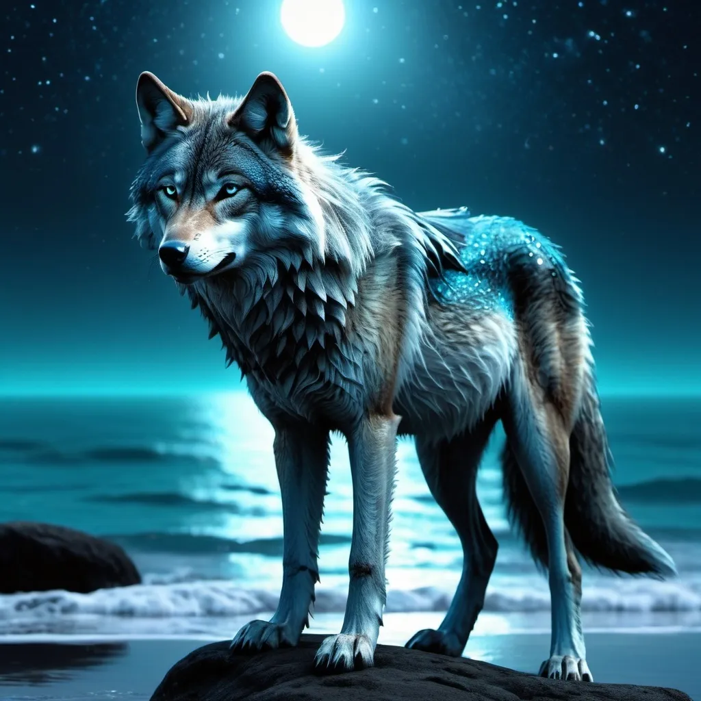 Prompt: (aquatic wolf standing by the sea), fantasy style, cool color scheme, ethereal ambiance, deep blues, teal waters, silver moonlight, shimmering waves, mystical shoreline, bioluminescent sea creatures, sparkling stars in the night sky, detailed fur texture, misty atmosphere, mysterious and enchanting, (highly detailed, 4K), ultra-realistic rendering, captivating scene, visually striking, dynamic lighting efeitos