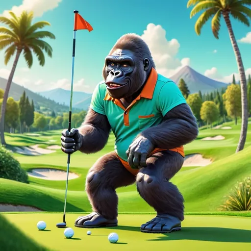 Prompt: (Cartoon happy teenager boy gorilla playing golf), vibrant colors, energetic atmosphere, dynamic pose, animated style, detailed expressions, lush green golf course background, trees and hills in the distance, bright sunny day, whimsical and fun, motion lines to show action, high quality, ultra-detailed, 4K, playful and cheerful mood, saturated colors, finely crafted details, engaging composition.