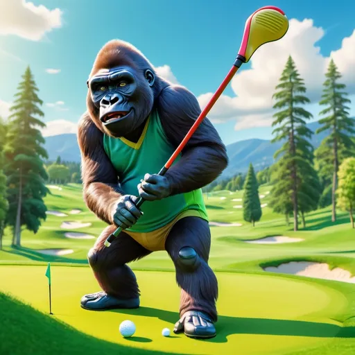 Prompt: (Cartoon teenager boy gorilla playing golf), vibrant colors, energetic atmosphere, dynamic pose, animated style, detailed expressions, lush green golf course background, trees and hills in the distance, bright sunny day, whimsical and fun, motion lines to show action, high quality, ultra-detailed, 4K, playful and cheerful mood, saturated colors, finely crafted details, engaging composition.