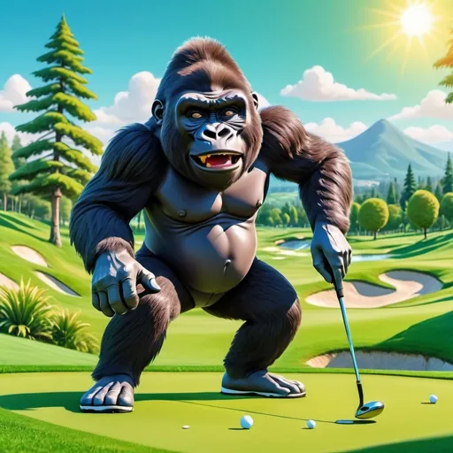 Prompt: (Cartoon happy teenager boy gorilla playing golf), vibrant colors, energetic atmosphere, dynamic pose, animated style, detailed expressions, lush green golf course background, trees and hills in the distance, bright sunny day, whimsical and fun, motion lines to show action, high quality, ultra-detailed, 4K, playful and cheerful mood, saturated colors, finely crafted details, engaging composition.