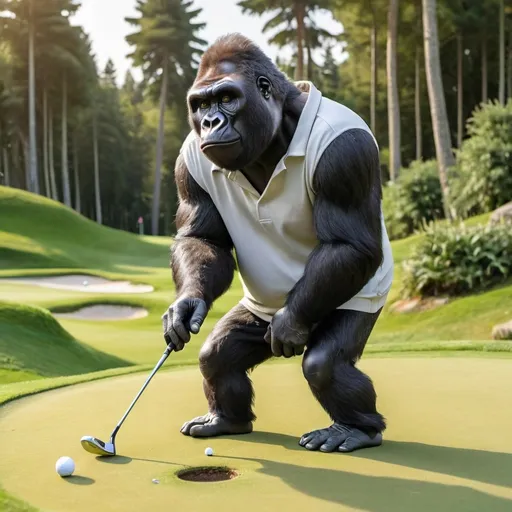 Prompt: Cartoon teenager boy gorilla playing golf