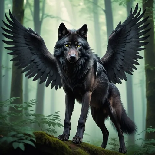 Prompt: I winged black wold in a forest 
