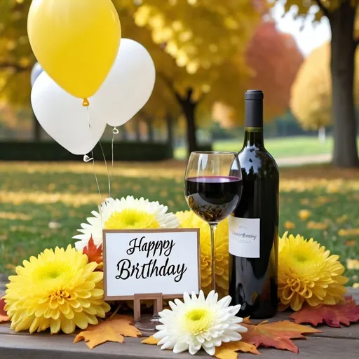 Prompt: Autumn celebration yellow leaves, "white chrysanthemums", wine, wine glass, balloons, "happy birthday sign", park as a background
