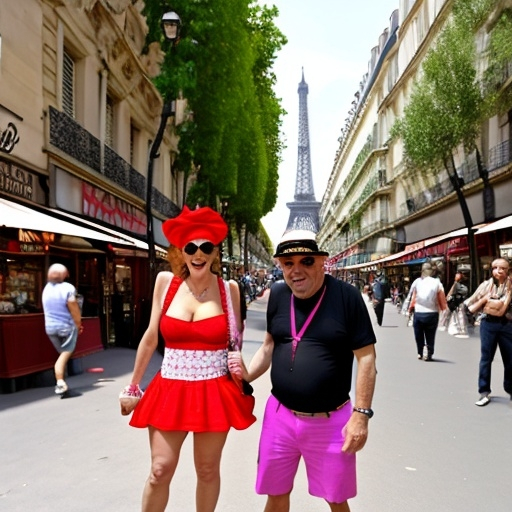 Prompt: a couple out touring a famous street in Paris France.  They are dressed in laughable tourist clothing and accessories.  pickpockets are eyeing them since the stand out so much from the other people
