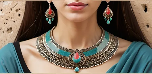 Prompt: Handcrafted jewelry website header, the neck of a faceless woman and the idea taken from the porch of Taq Kasra Sasanian, with minimal Iranian colors