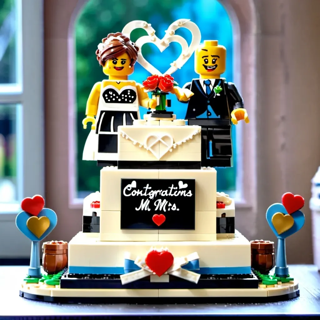 Prompt: A 3 tier wedding cake in a traditional style
On the top of the cake is a happy bride and a happy groom.
 A separate lego model in the shape of a heart shaped plaque says “Congratulations Mr and Mrs Harris”. 
