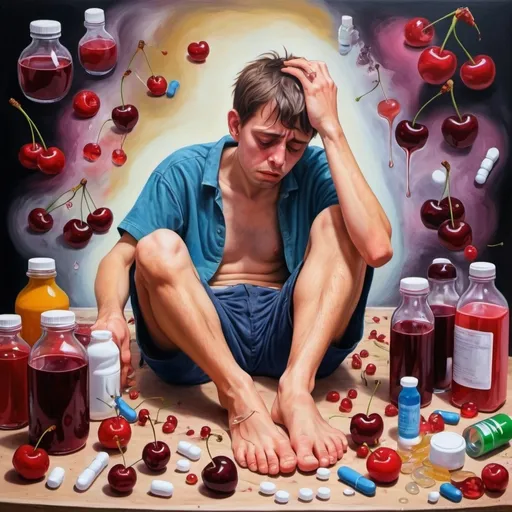 Prompt: Create a sad trippy painting of a barefoot young man feeling destroyed by the a very painful gout attack surrounded with pill bottles and cherries and cherry juice and foods associated with a healthy anti gout diet
