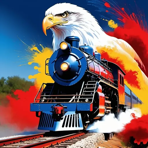 Prompt: (abstract design), 1876 steam locomotive with steam pouring out of the top riding down the tracks, wind blowing against red white and blue paint dripping off its sides, bald eagle leading the train, large bold T made out of gold is attached to the front of the train, exhilarating freedom, creative, energetic movement, high-contrast elements, (ultra-detailed), (4K HD), sense of liberation and creativity, visually striking composition, enthralling color play.