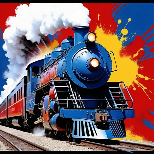 Prompt: (abstract design), 1876 steam locomotive with steam pouring out of the top riding down the tracks, wind blowing against red white and blue paint dripping off its sides, bald eagle leading the train, large bold T made out of gold is attached to the front of the train, exhilarating freedom, creative, energetic movement, high-contrast elements, (ultra-detailed), (4K HD), sense of liberation and creativity, visually striking composition, enthralling color play.