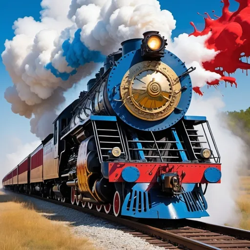 Prompt: (abstract design), 1876 steam locomotive with steam pouring out of the top riding down the tracks, wind blowing against red white and blue paint dripping off its sides, bald eagle leading the train, large bold T made out of gold is attached to the front of the train, exhilarating freedom, creative, energetic movement, high-contrast elements, (ultra-detailed), (4K HD), sense of liberation and creativity, visually striking composition, enthralling color play.