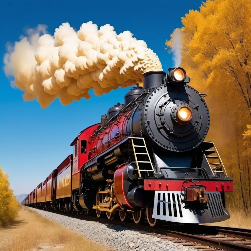 Prompt: 1876 steam locomotive made out of gold, steam pouring out of the top, racing down the tracks, bald eagle flies overhead, wind blowing against red white and blue paint that is dripping off the train, bald eagle flying over the train, exhilarating freedom, creative, energetic movement, high-contrast elements, (ultra-detailed), (4K HD), sense of liberation and creativity, visually striking composition, enthralling color play.