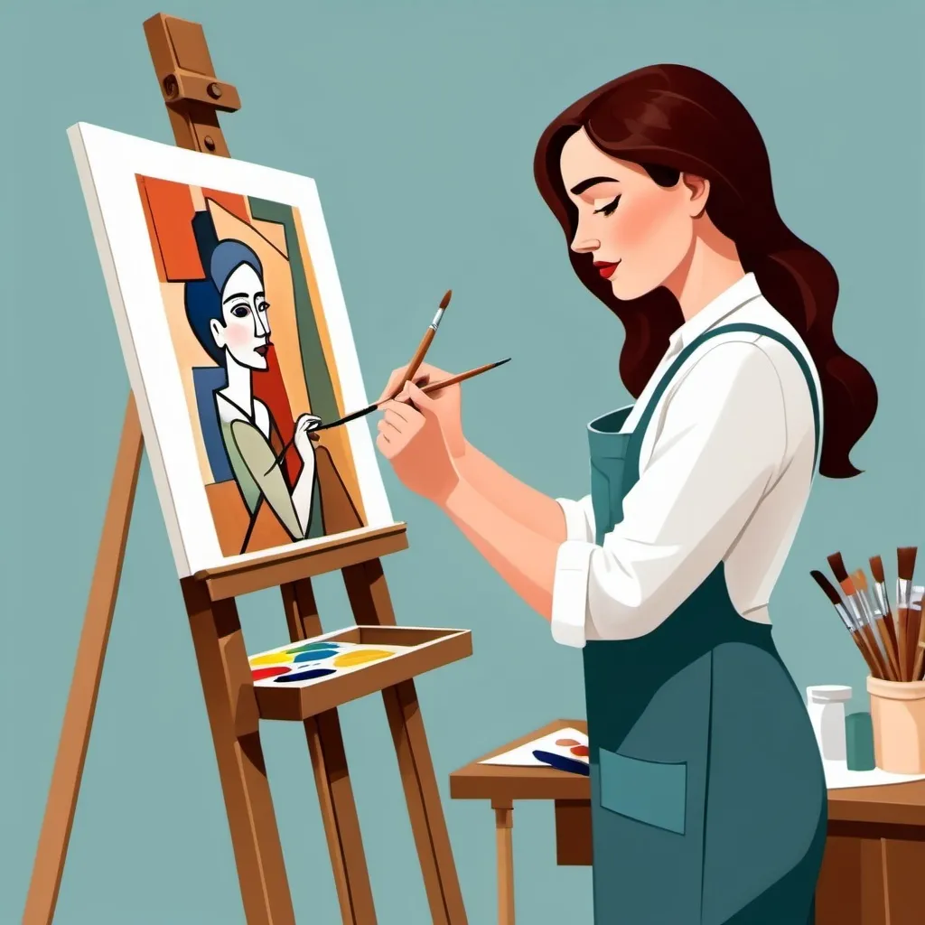 Prompt: a cartoon of a woman painting a picture on a easel with a caption that reads, i want to be a painter, artist, cubism, professional digital painting, a cubist painting