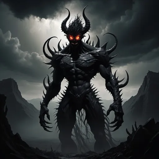 Prompt: 50 ft tall (shadow demon) with one glowing eye and one dark eye, shadowy tendrils on its back, spikes on one shoulder, a pauldron on the other shoulder, a whirlpool of shadow on its chest, dark and eerie atmosphere, dramatic lighting with deep shadows, ominous and foreboding mood, towering over desolate landscape, twisted and chaotic background, ultra-detailed, 4K.