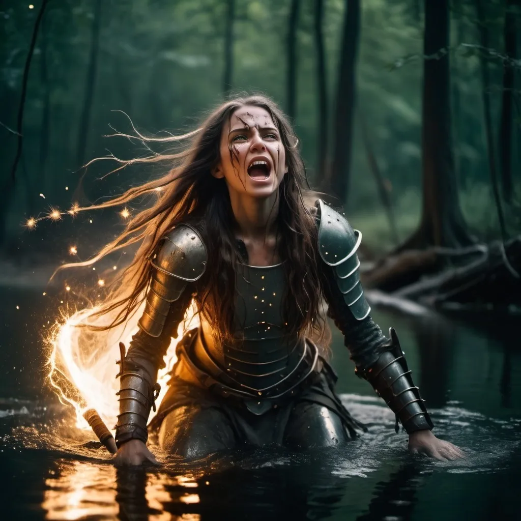 Prompt: beautiful long haired warrior woman, stumbling from fight in messy, dirty dystopian fantasy armor, screaming, kneeling out of lake with sword. fireflies all around. dark, woods, fire on water.