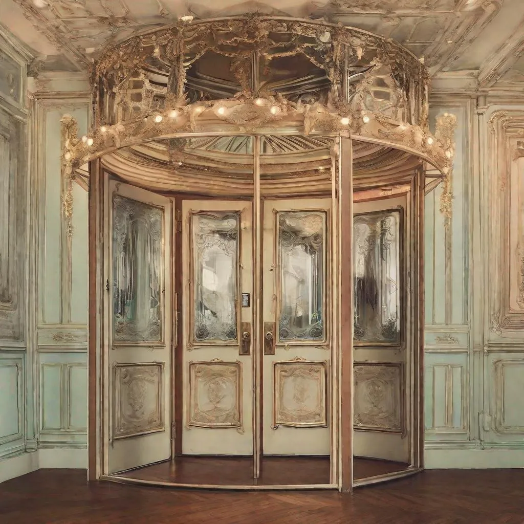 Prompt: Dream of going through doors that get smaller and smaller. Carousel is in one of the rooms. The mood should be liminal 