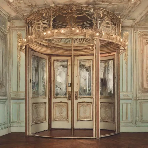 Prompt: Dream of going through doors that get smaller and smaller. Carousel is in one of the rooms. The mood should be liminal 