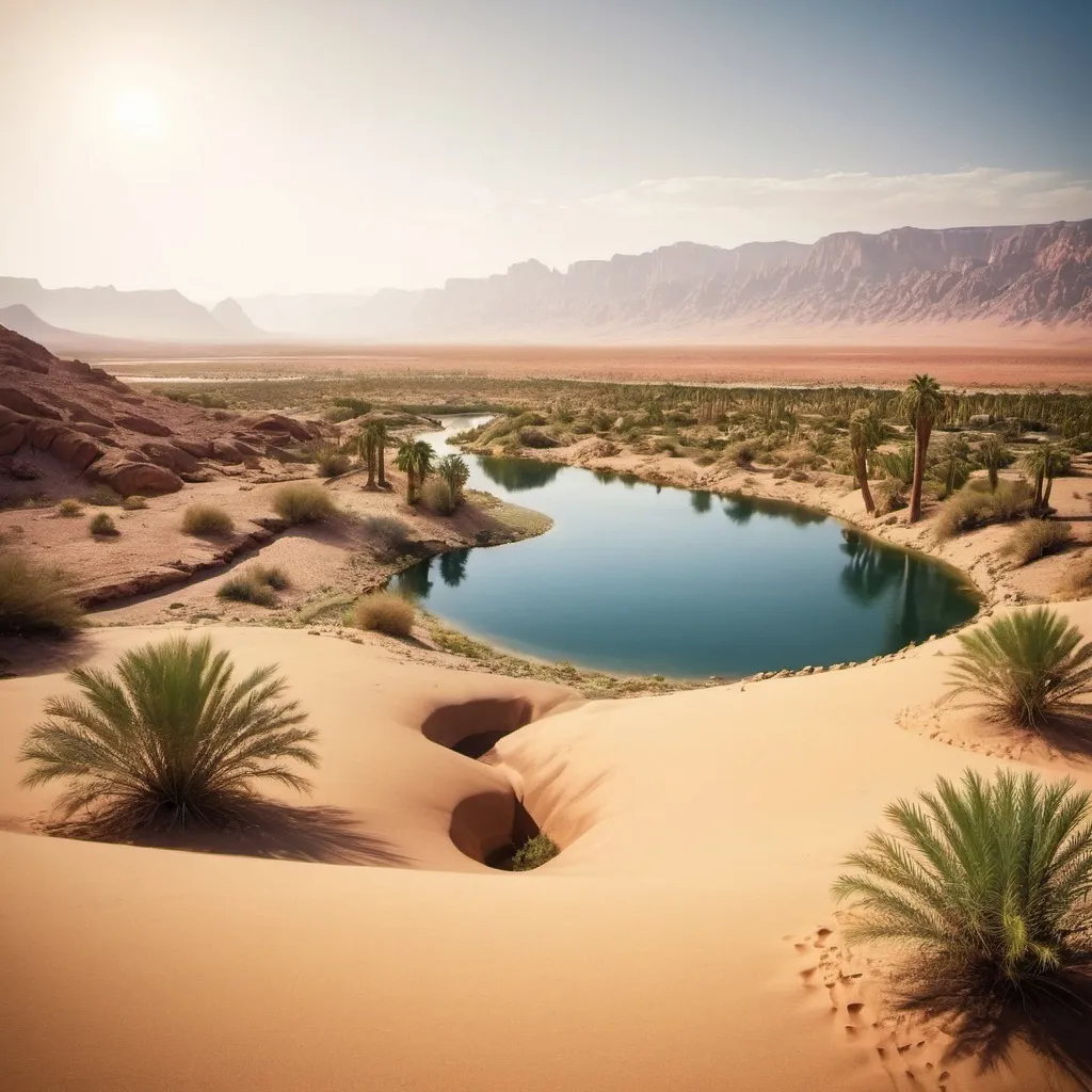 Prompt: A breathtaking shot of a desert landscape with a beautiful oasis in the middle.