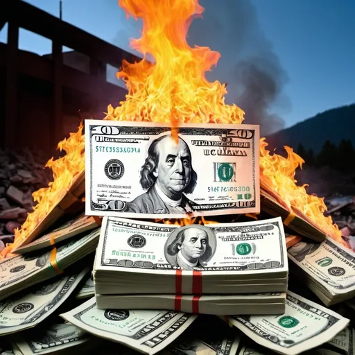 Prompt: Give me a vibrant image showing a huge pile of US dollars with fire in the background