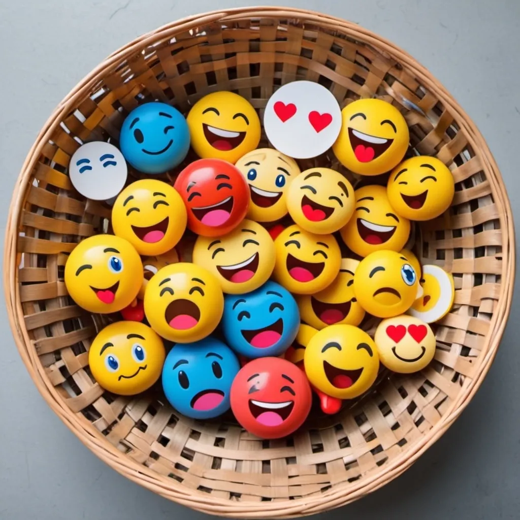 Prompt: a woven basket filled with emojis, some are sad, some are hearts, some are thumbs up or thumbs down, some are tired or sick