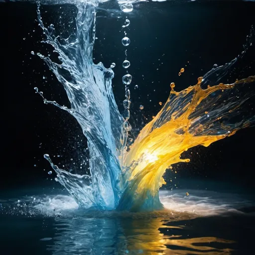 Prompt: create an image where water and light fight each other.