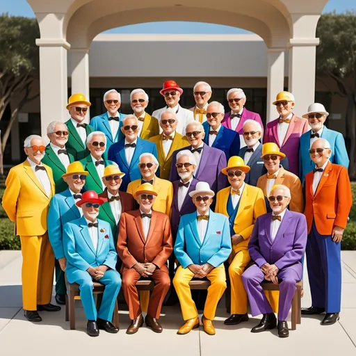 Prompt: Create a statue of exactly 12 friendly men over 60 years of age grouped together and dressed in colorful clown outfits and clown makeup