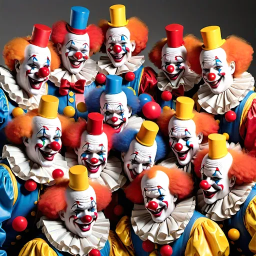 Prompt: Create a lifelike Statue of 10 male clown friends huddled together