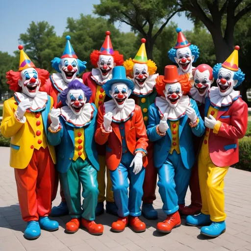 Prompt: Create a statue of a group of 9 colorful friendly clowns more than 60 years of age grouped together in camaraderie