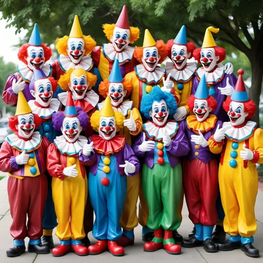 Prompt: Create a statue of a group of 12 colorful friendly clowns more than 60 years of age standing together in camaraderie