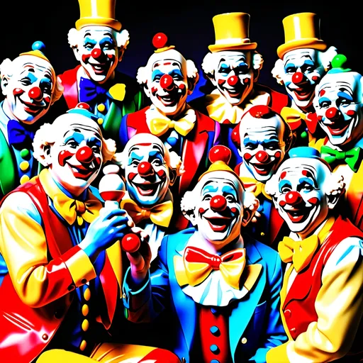 Prompt: Create a lifelike Statue of 10 older gentlemen dressed as clowns huddled in camaraderie 