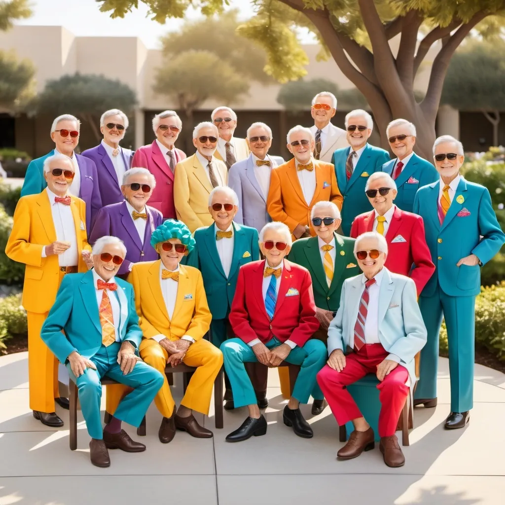 Prompt: Create a statue of exactly 12 friendly men over 60 years of age grouped together and dressed in colorful clown outfits and clown makeup