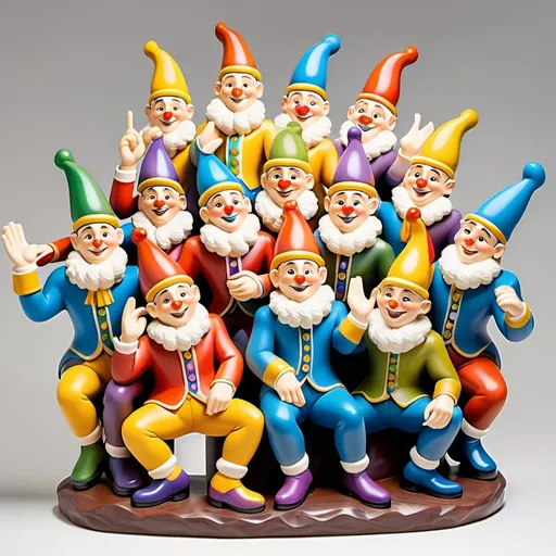 Prompt: Create a statue of 12 friendly colorful male clowns more than 65 years of age grouped together in a pose of camaraderie having fun